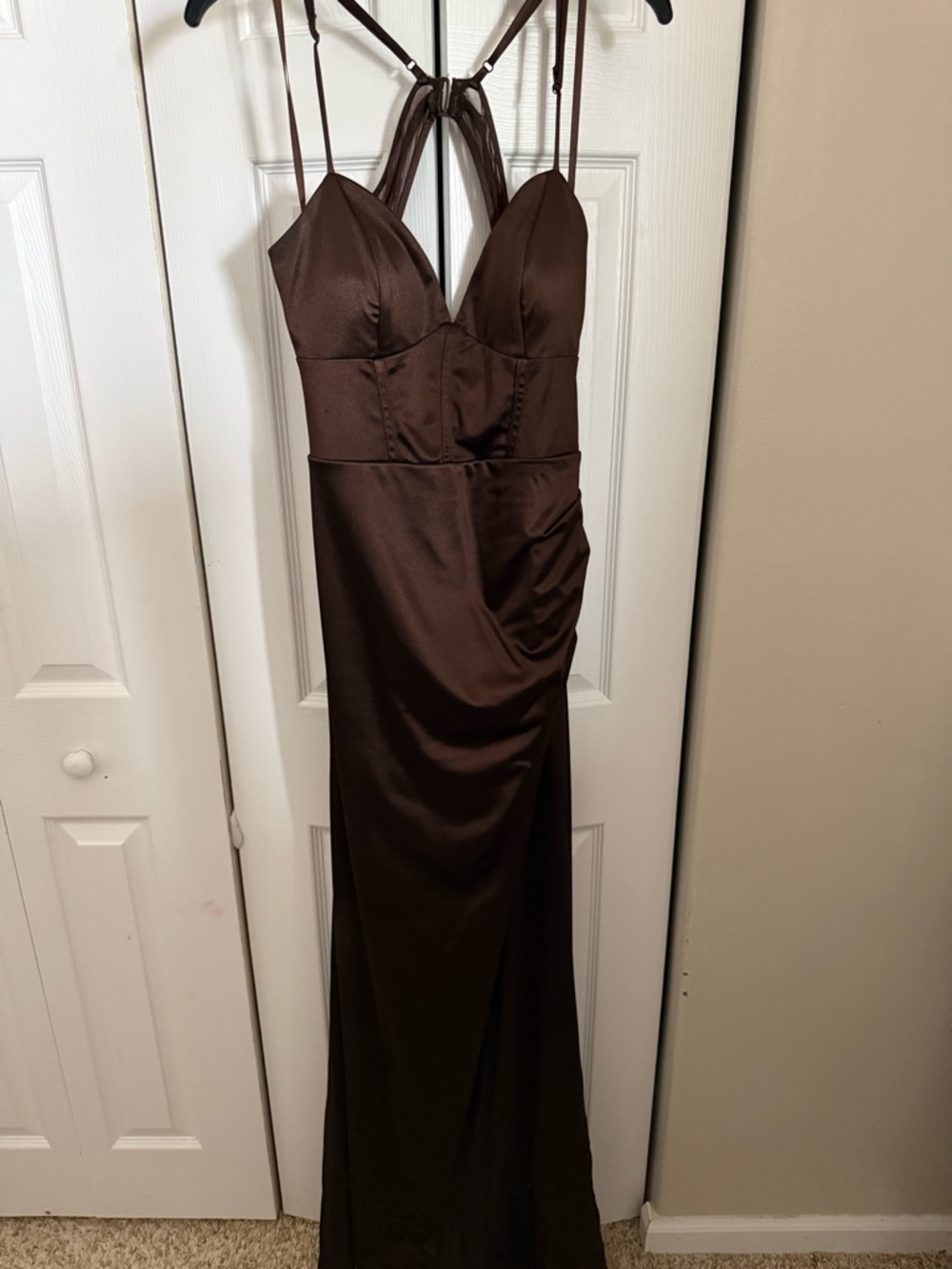 Honey and Rosie Brown Satin Maxi Dress with Plunge Neck